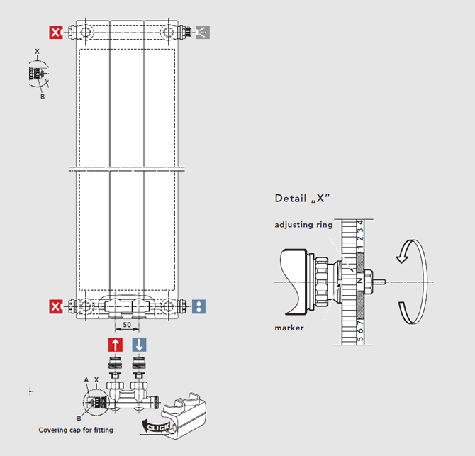 VONARIS-M Vertikal Zweirohrsystem-Anschlussbeispiele