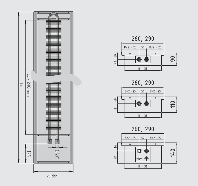 Dimensions at 260 and 290 mm